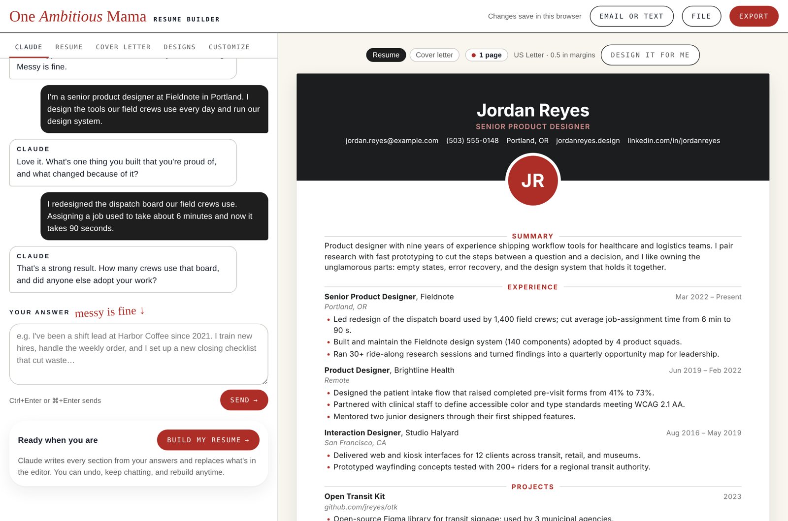 The resume builder: questions on the left, a finished resume on the right