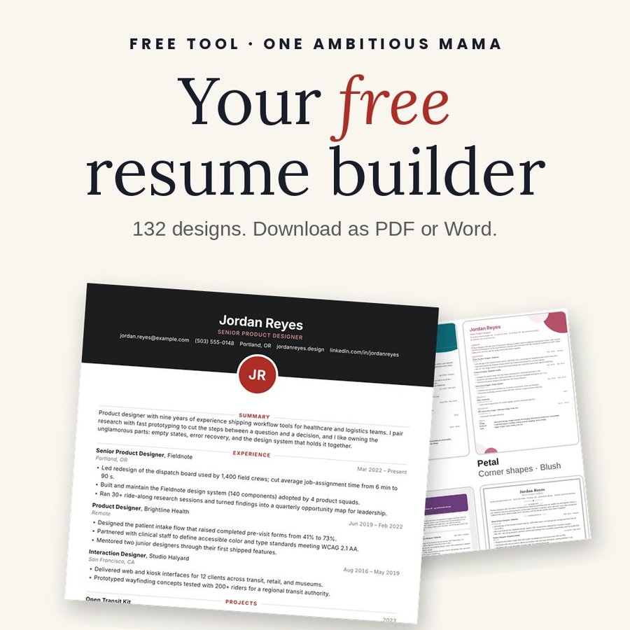 The free resume builder showing a finished resume and design options